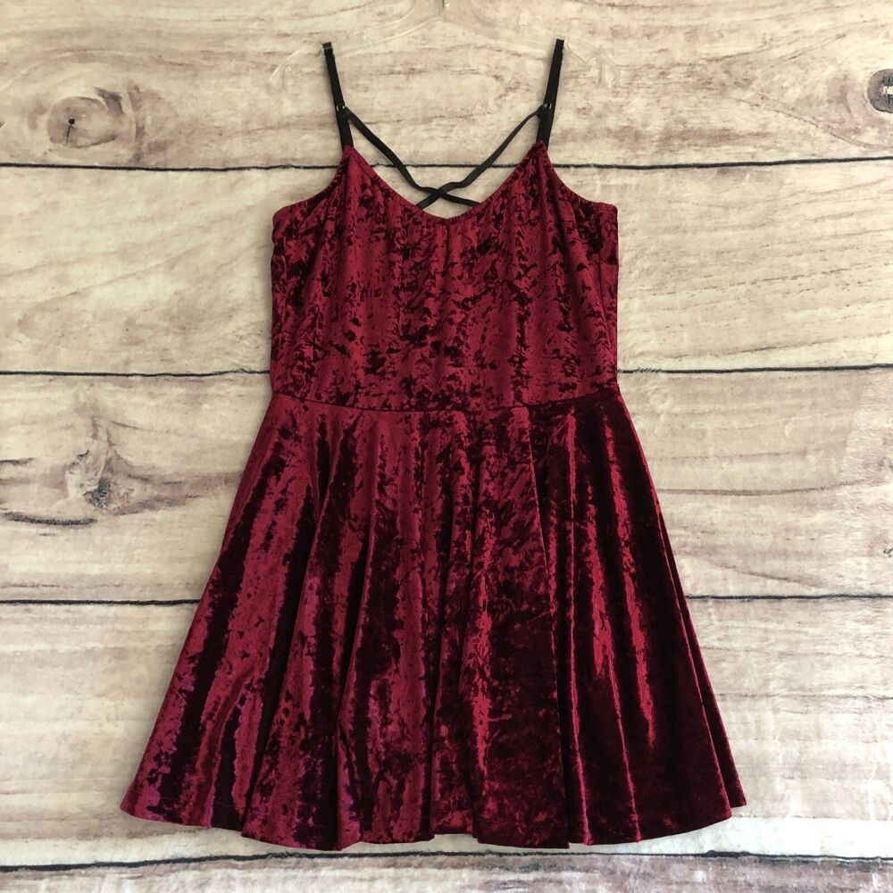 Vtg Lip Service Dress XL Womens Burgundy Crushed Velvet Black Lace Up Goth Vamp